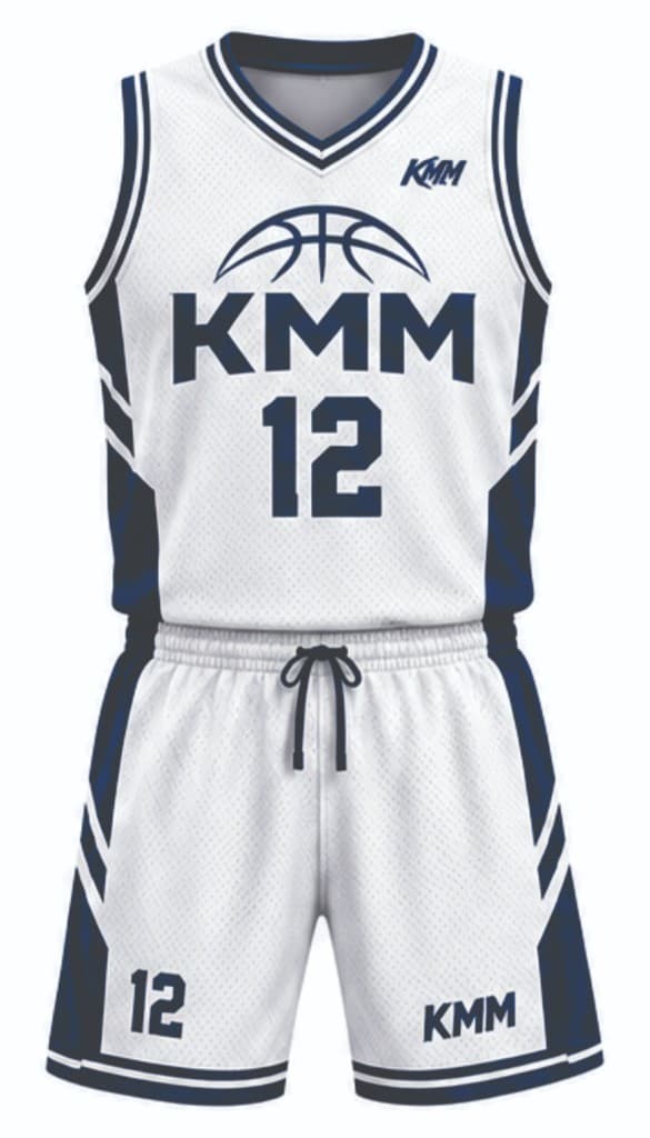 White and navy KMM basketball uniform with basketball crest