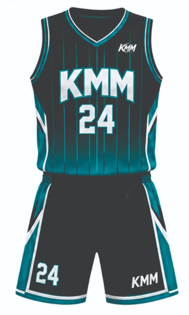 Black and teal KMM basketball uniform number 24