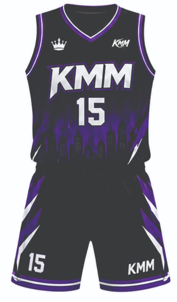 Black and purple KMM basketball uniform number 15
