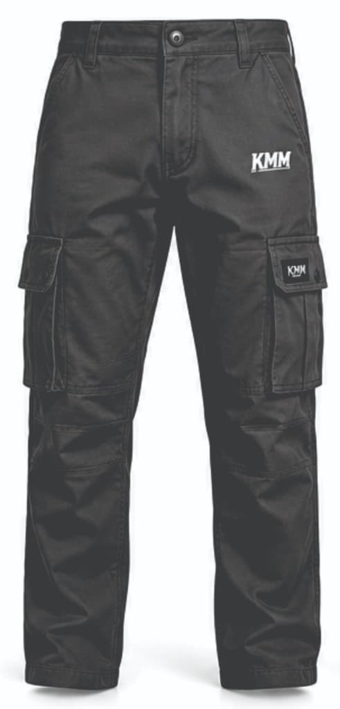 Matte black KMM cargo trousers with reinforced knees