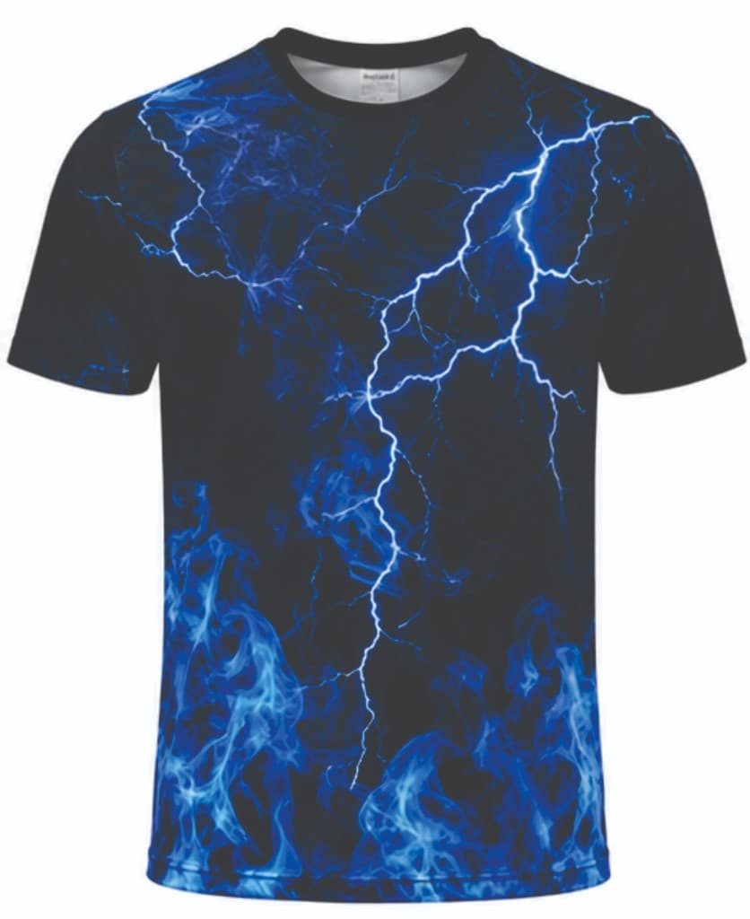 Black t-shirt with blue lightning graphic