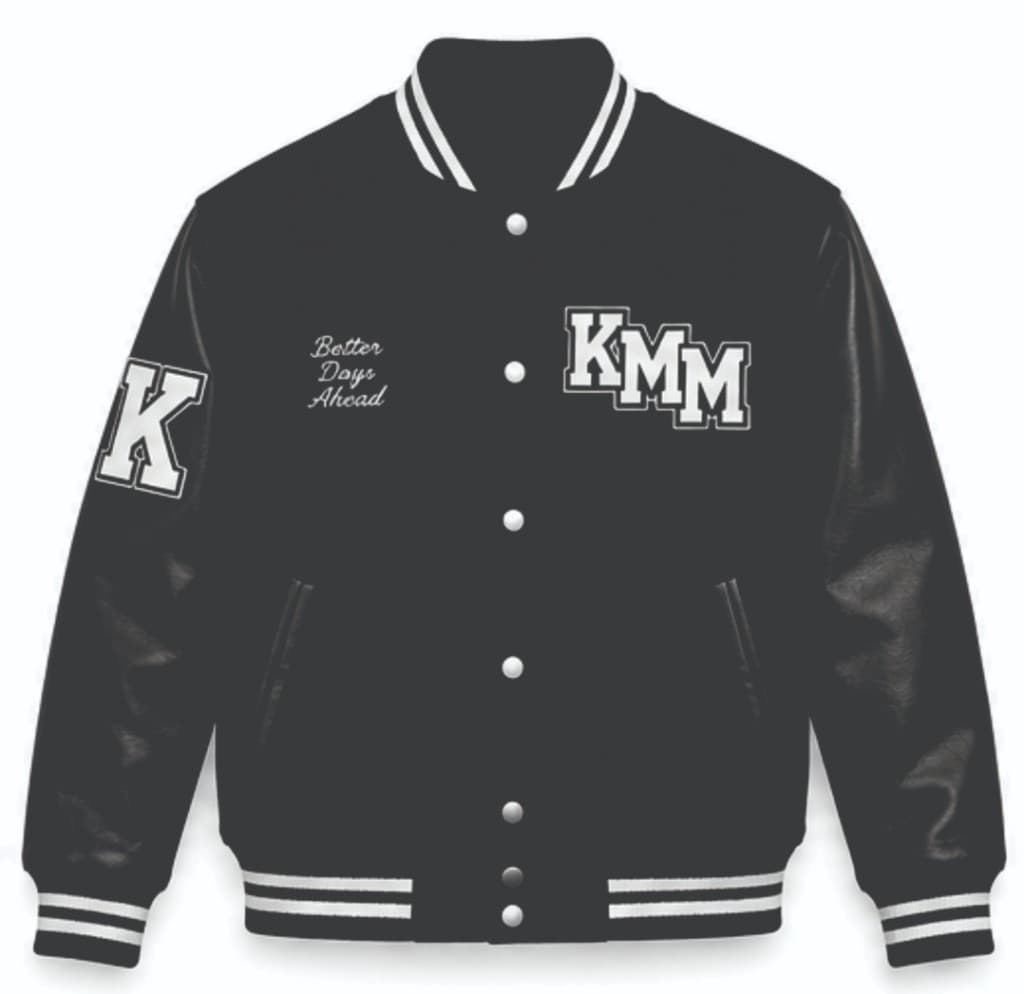 Black KMM varsity jacket with Better Days Ahead script