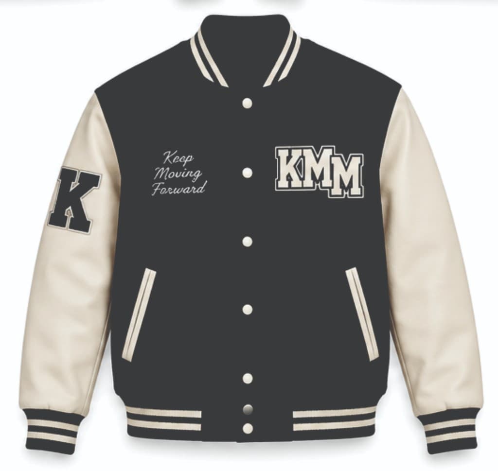 Black and cream KMM varsity jacket Keep Moving Forward