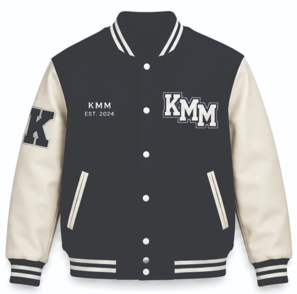 Navy and cream KMM EST. 2024 varsity jacket