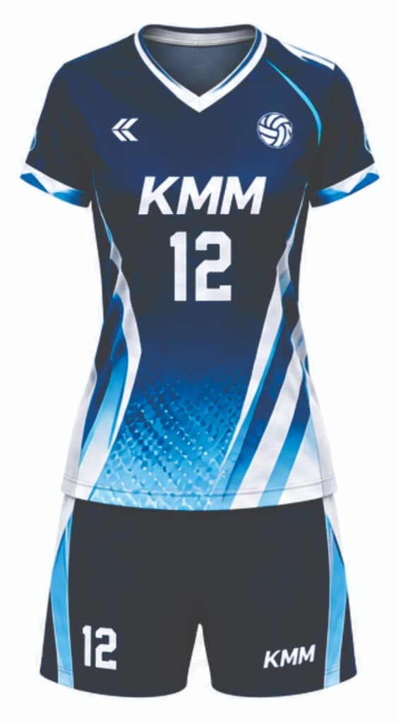 Navy and cyan KMM volleyball uniform number 12