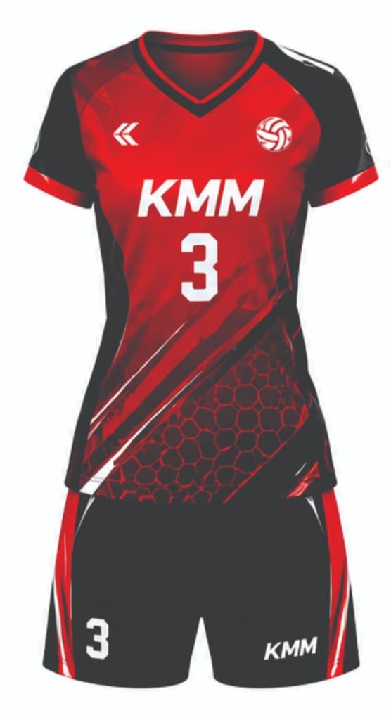 Red and black KMM volleyball uniform number 3